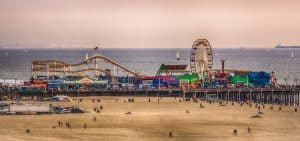 santa monica pier on pacific coast at sunset