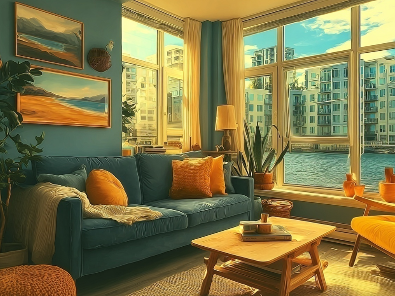 Modern short‑term rental living room with waterfront view, illustrating home sharing insurance coverage for property damage and guest liability