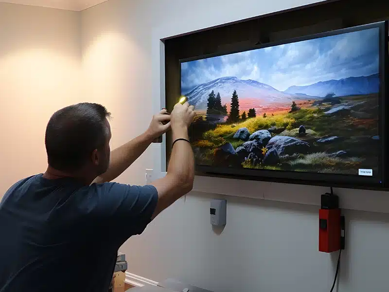 A man removes a television from the wall with tools