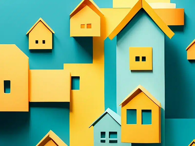 Teal and yellow homes digitally created to look like paper construction.