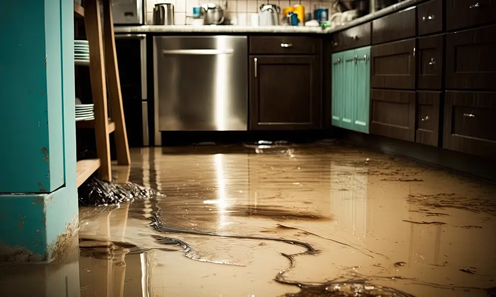 A kitchen with water damage on the floor