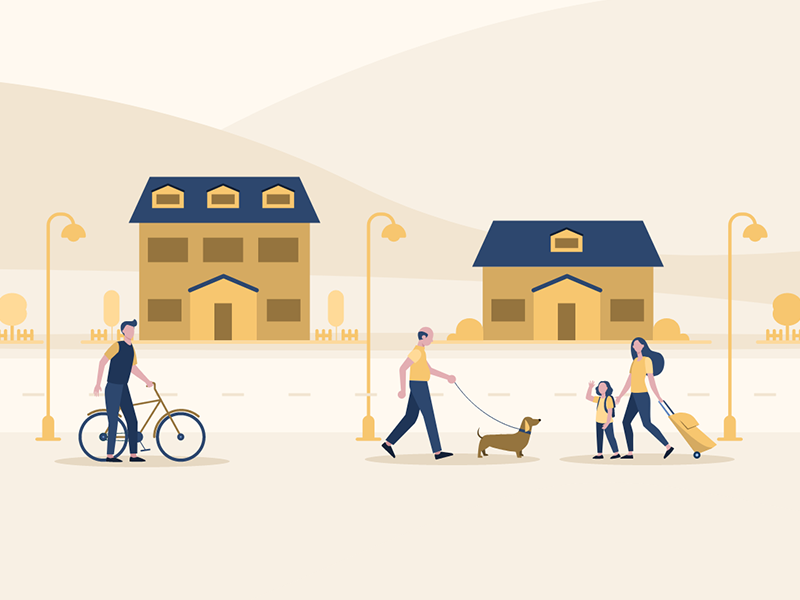 Illustration outside of an Airbnb with a person on a bicycle, a neighbor with a dog, and Vrbo Guests
