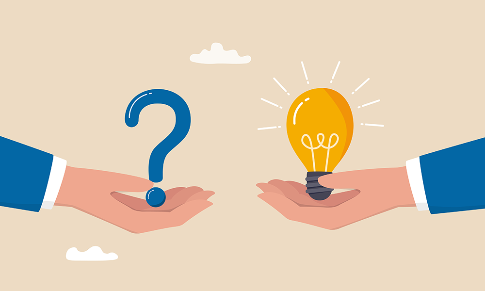 Illustration of a person holding a question mark and another person holding a light bulb.