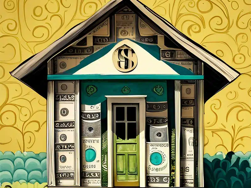 Digital artwork showing a house made of dollar bills