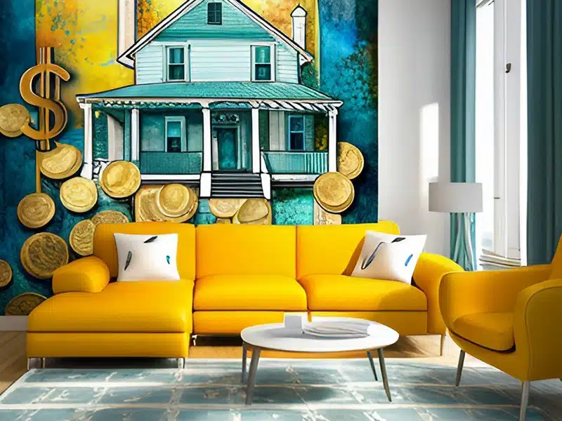 A modern living area with a large art print behind the couch of a house with coins and a money sign.