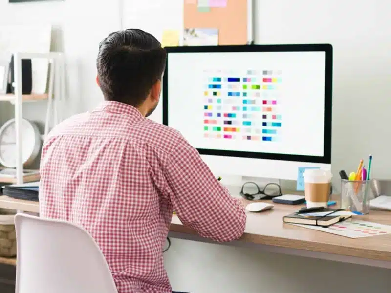 A person working on the computer at their desk