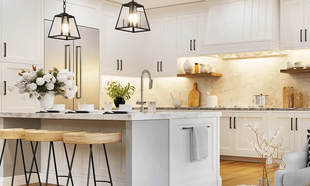 A bright/white modern kitchen in an Airbnb