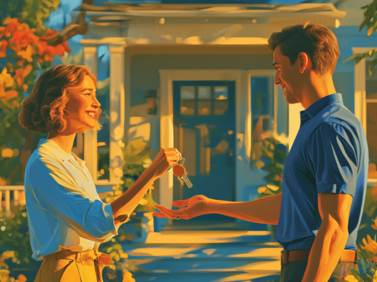 A host hands house keys to a short-term rental guest outside the front door of a home, illustrating the moment of property entrustment.