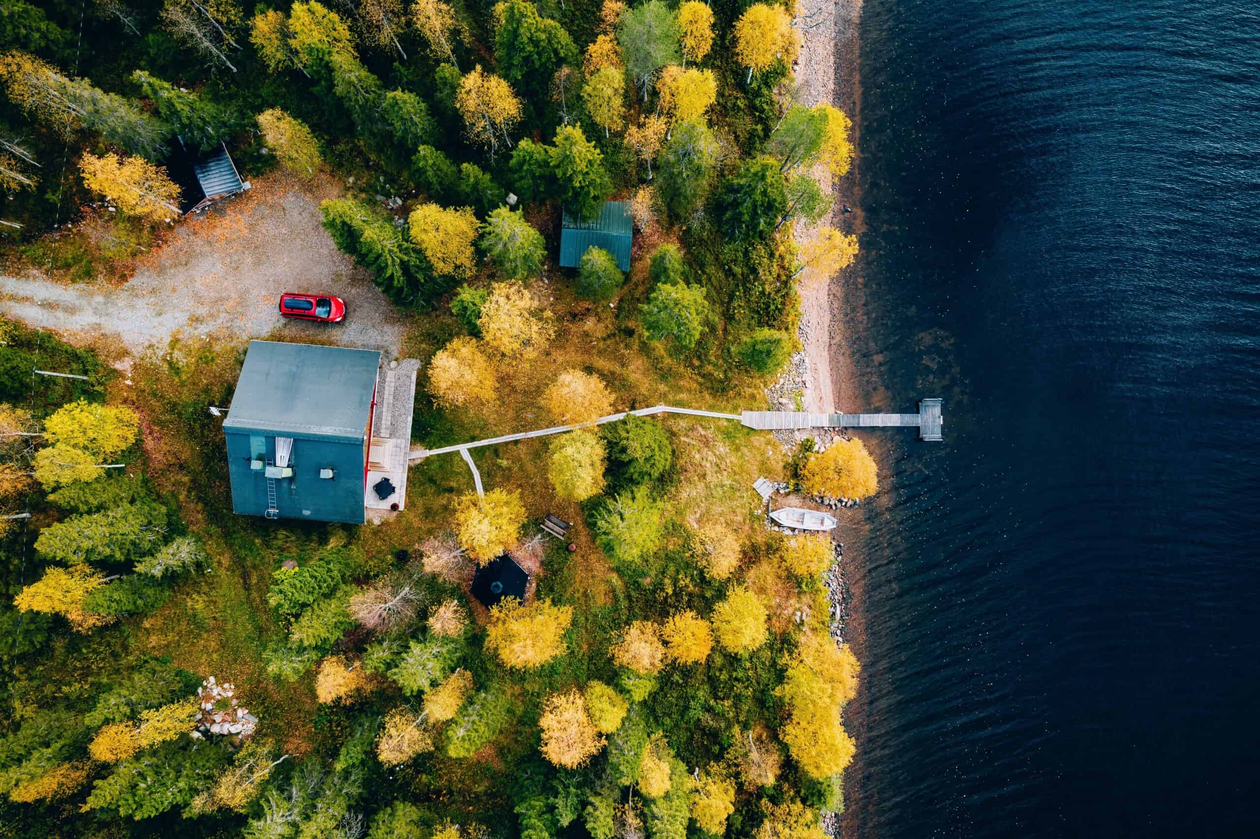 Aerial of a lake cabin vacation rental