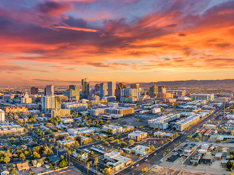 An Arizona city skyline at sunset.