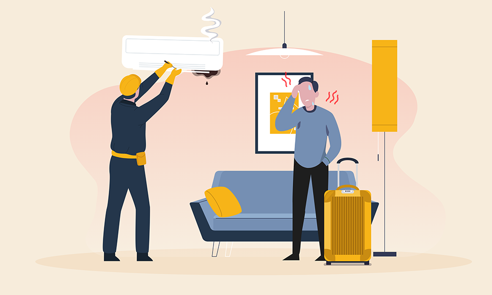 In a illustrated graphic, a maintenance man fixes a broken air condition unit in a living area of a home while a person stands nearby sweating. This graphic is created stylistically branded for Proper Insurance using brand colors and illustration techniques.