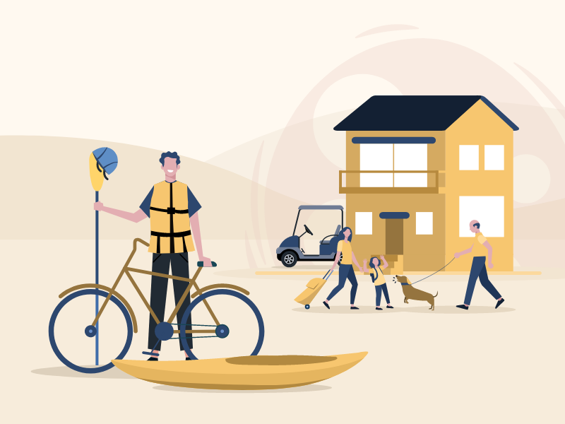 Proper Insurance Illustration of a person with a kayak and a bicycle in front of an Airbnb home.