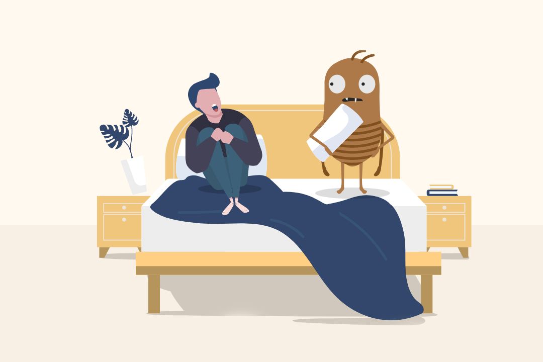 An illustration of a person sharing a bed with a life-sized bed bug.