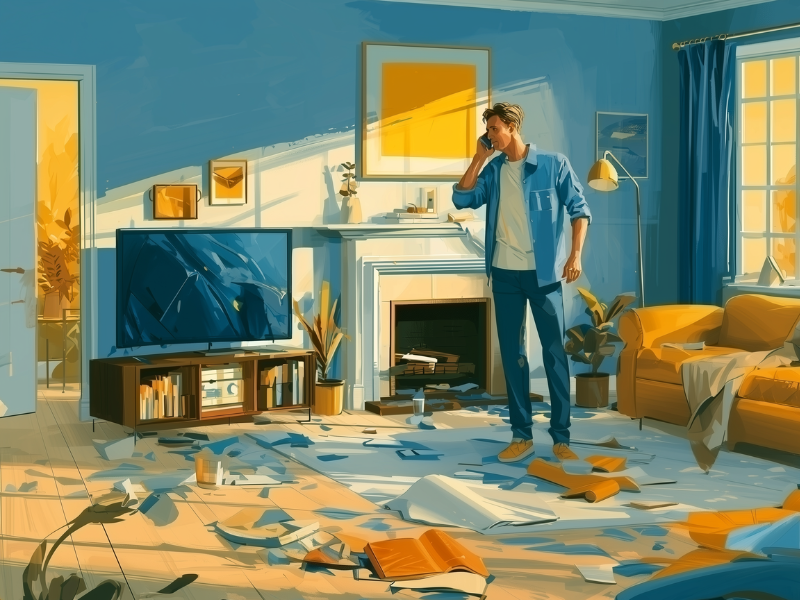 Airbnb host surveys guest damage in a trashed rental property while calling his insurance provider