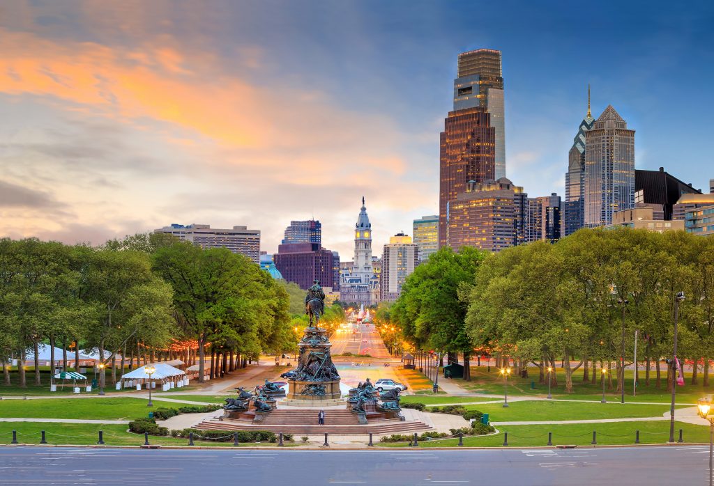 Beautiful philadelphia downtown skyline at sunset USA