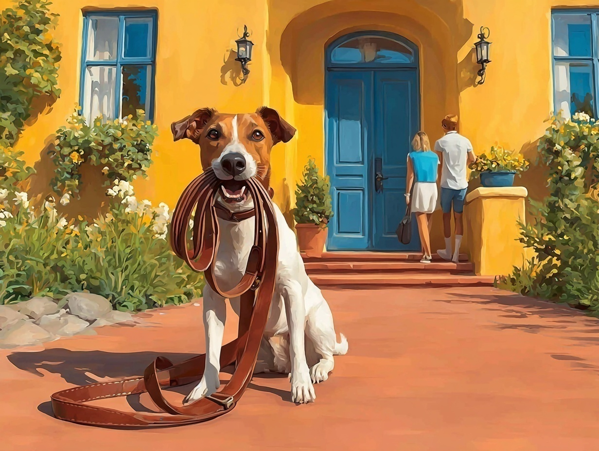 Dog sitting outside a pet‑friendly short‑term rental while guests enter the property, illustrating pet policies and potential liability risks