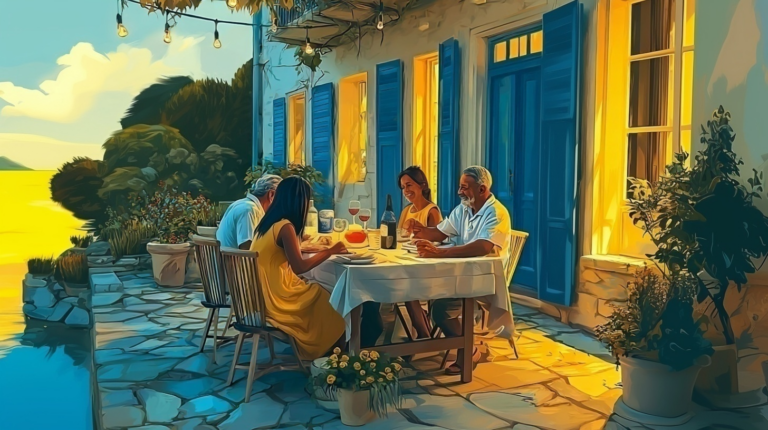 Guests enjoying dinner at a coastal short-term rental property, illustrating Airbnb hosting, vacation rental experience, and STR insurance scenarios