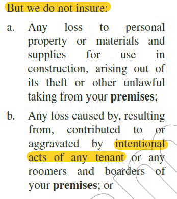 This is an excerpt from a Dwelling/Landlord Policy outlining what it does not insure. 
