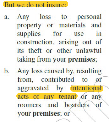 This is an excerpt from a Dwelling/Landlord Policy outlining what it does not insure.