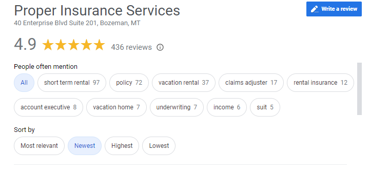 Proper Airbnb Insurance has a 4.9 rating on Google