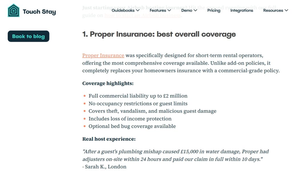 Touchstay votes Proper Insurance as the best overall coverage for Airbnb hosts