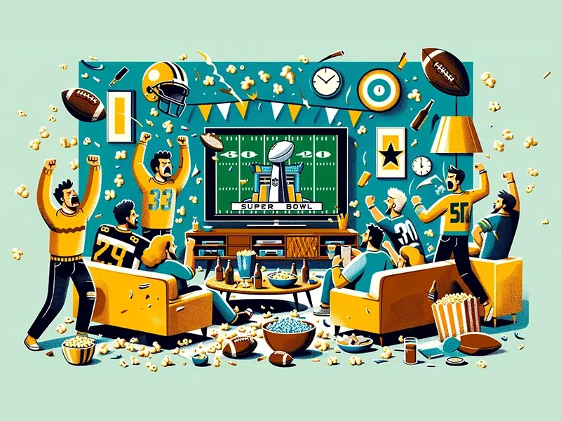 Illustration of excited fans cheering during the super bowl.