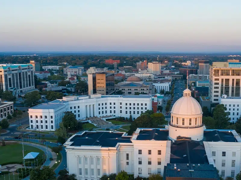 Aerial of Alabama capitol building in Montgomery 