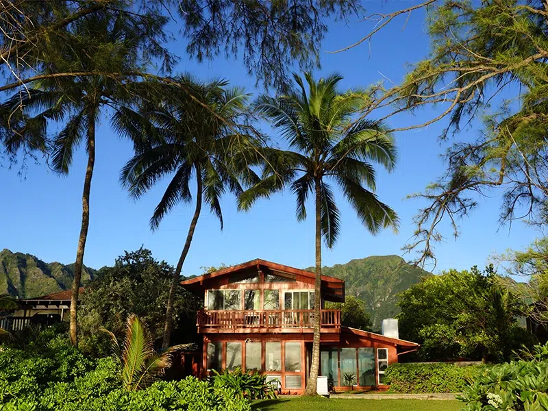 A house in Hawaii sits beneath palm trees