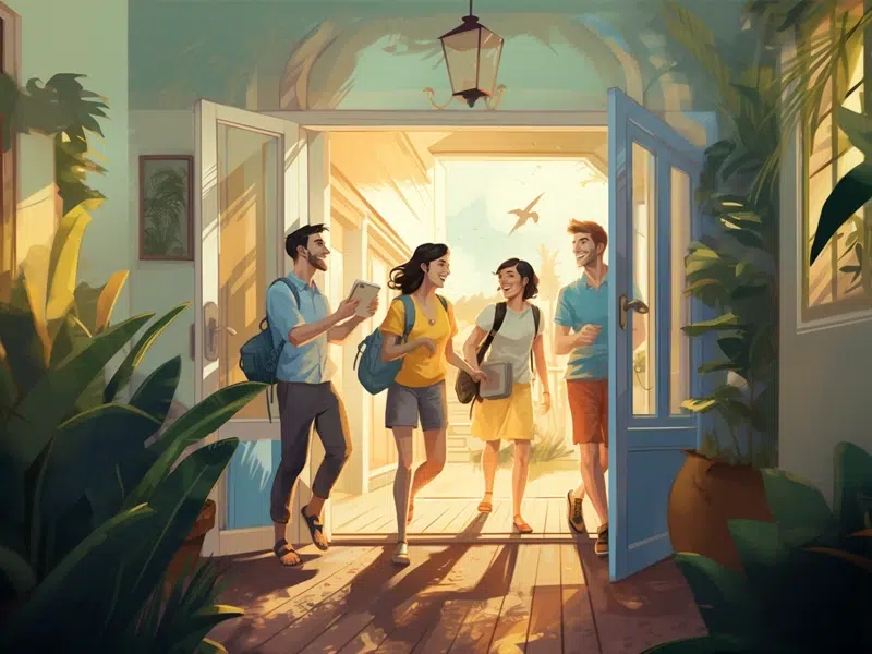 Illustration of friends entering a short-term vacation rental home