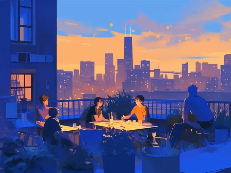 A group of guests plays a board game outside of a loft apartment used as an Airbnb