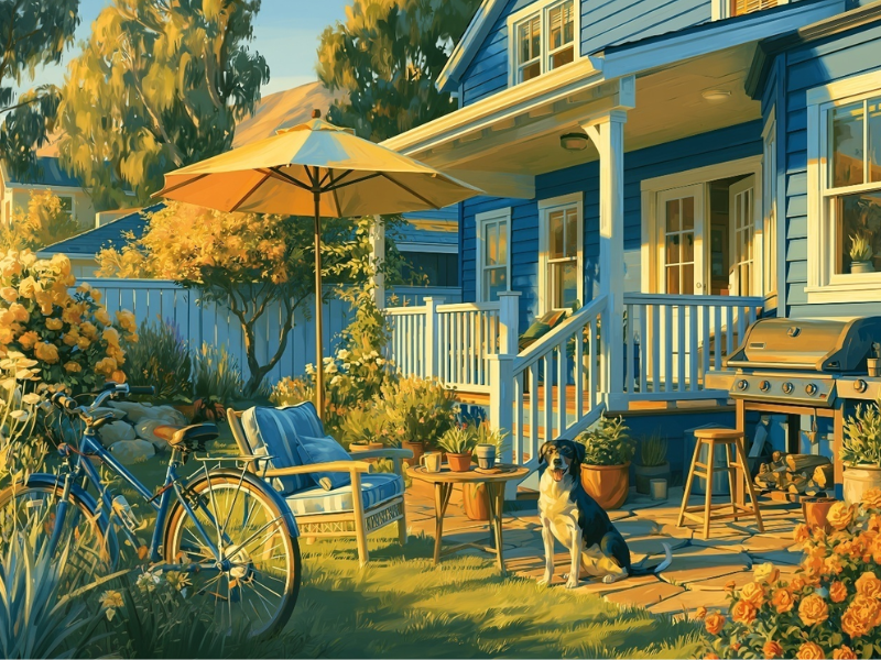 Sunny backyard patio of an Airbnb rental property with a dog, bicycle, and outdoor grill, representing Airbnb host property risks and liability risks.