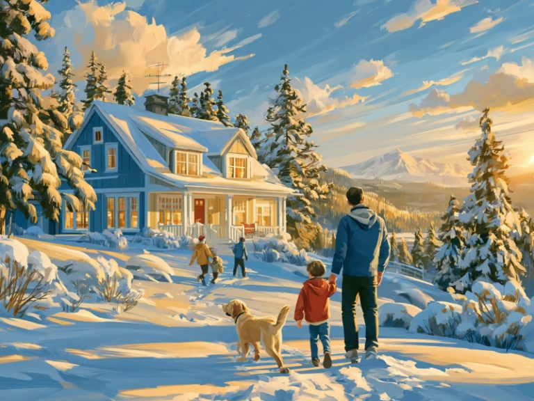 Family and golden retriever walking a snowy path toward a blue short-term rental home with a lit front porch, snow-covered evergreens, and mountains at sunset