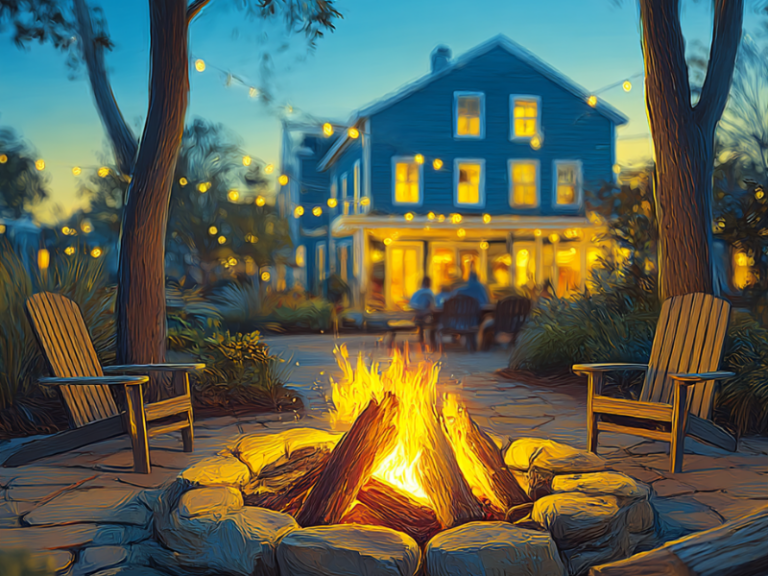 vacation rental home with amenities that come with risks, including a fire pit, kayaks, and a body of water, begging the question "Does Homeowners insurance cover vacation rentals?"
