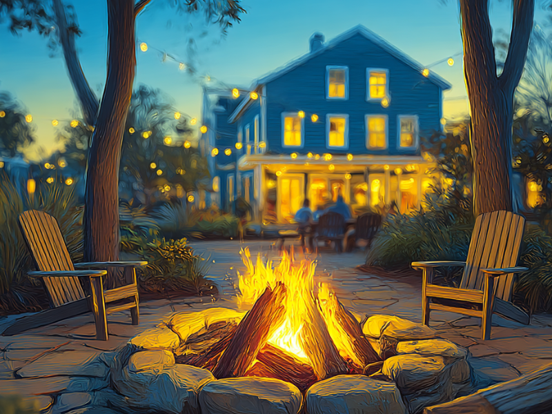 vacation rental home with amenities that come with risks, including a fire pit, kayaks, and a body of water, begging the question "Does Homeowners insurance cover vacation rentals?"