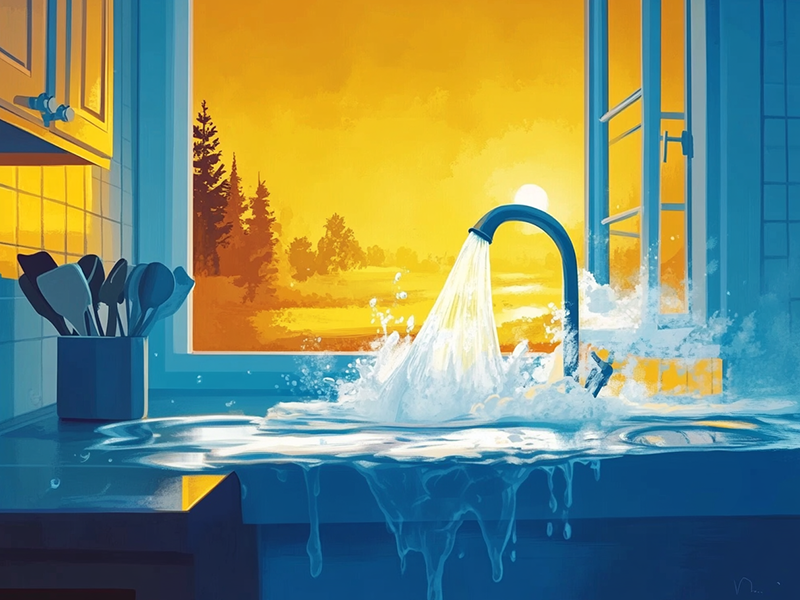 a sink with water running out of it, causing a flooded kitchen
