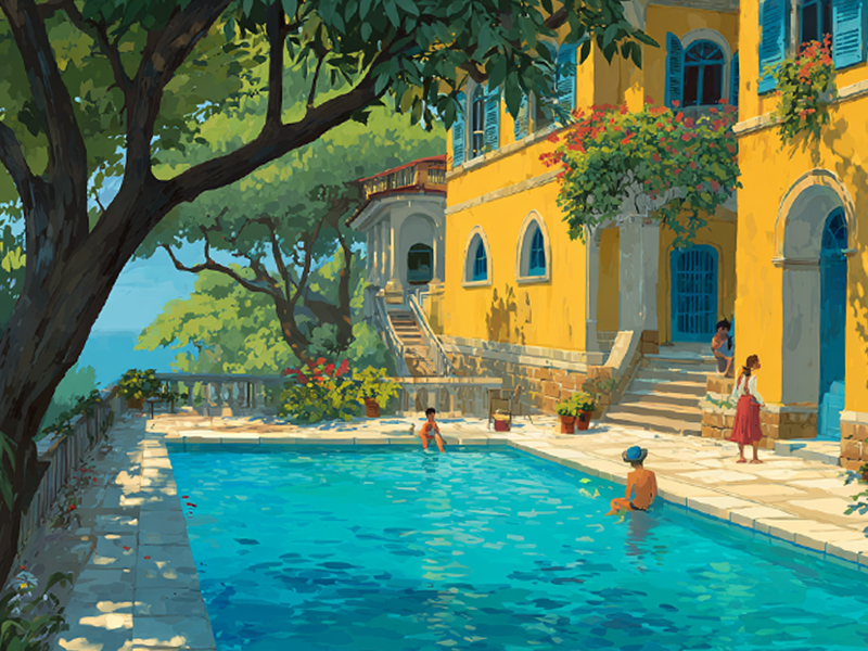 an illustration of a pool with people in it