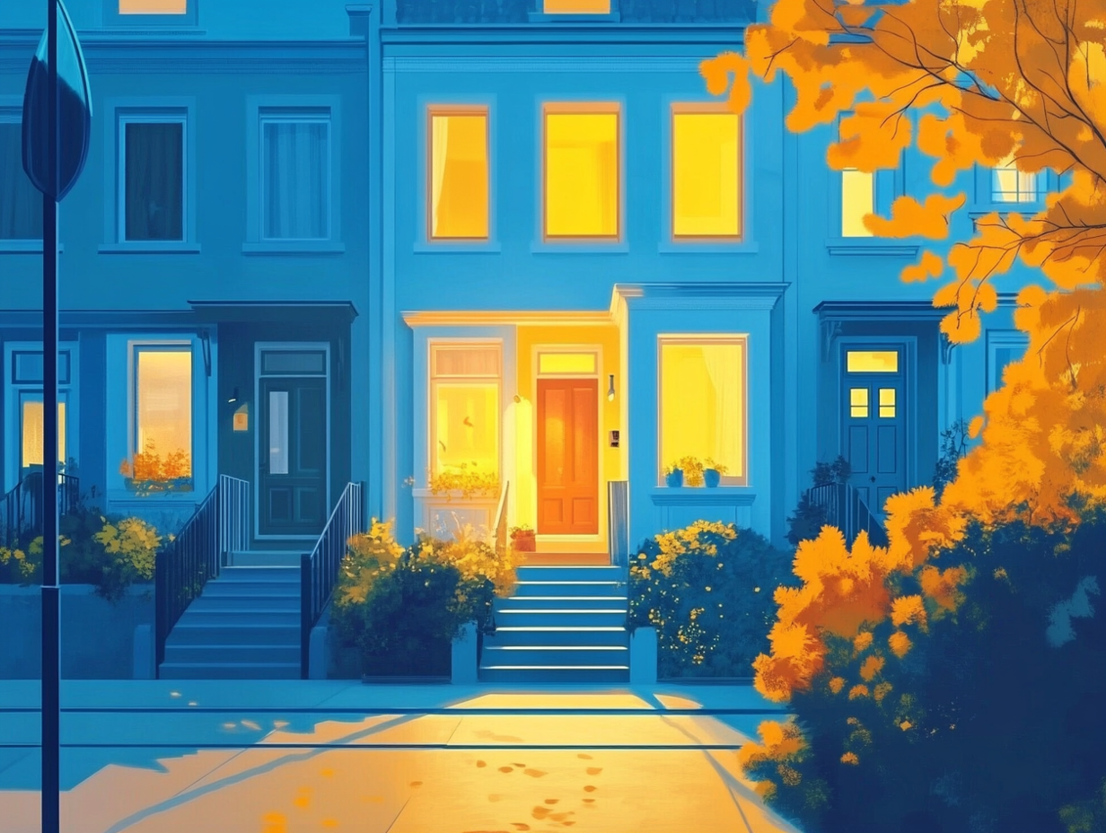 Cozy homes illuminated at dusk showing the difference between an Airbnb Superhost and a Guest Favorite badge