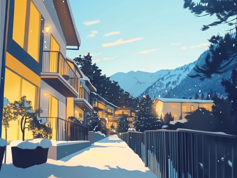 Snowy mountain resort with cozy cabins