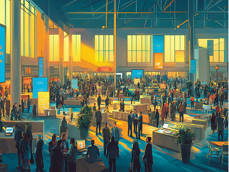 illustration of attendees at a short-term rental conference mingling in a large, sun-lit room with an open floor plan.