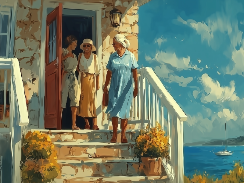 Women on vacation exiting Airbnb down the stairs