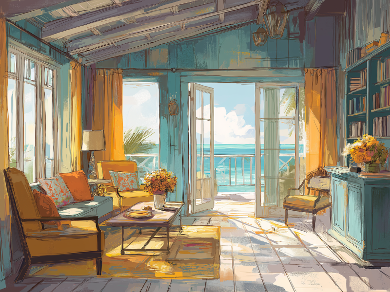 Brightly lit interior of Airbnb beach home, illustration