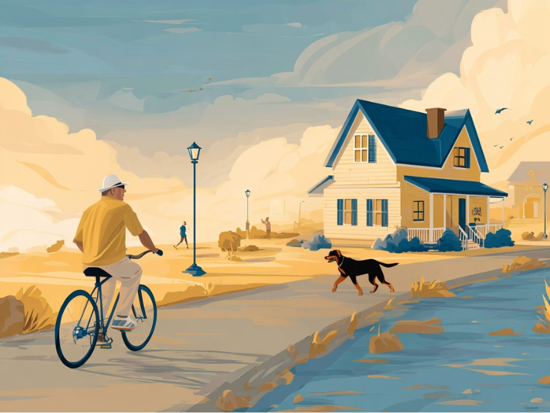 Illustration showing vacation rental liability risks, including a guest riding a bicycle near a short‑term rental home and an unleashed dog in the neighborhood