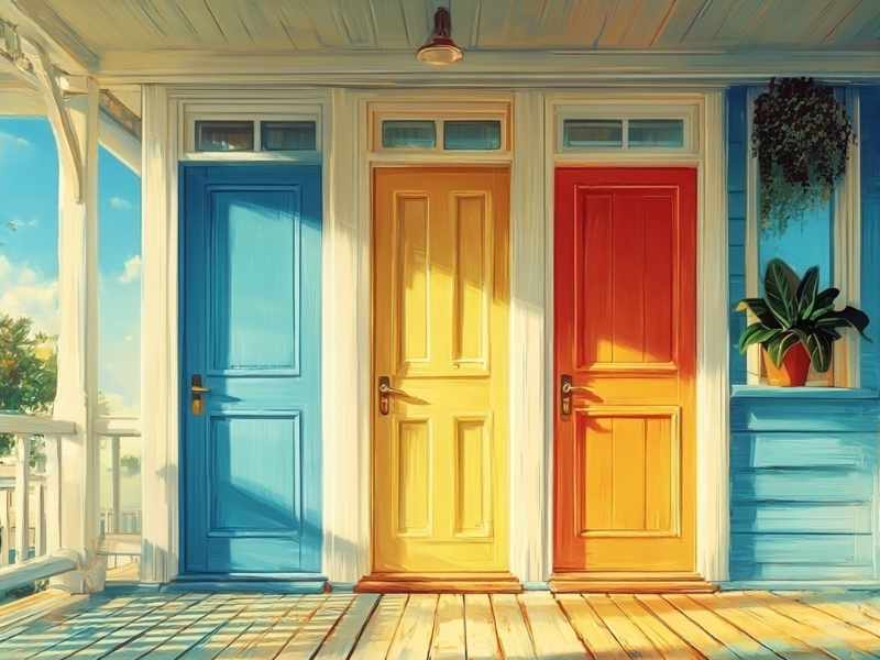 three matching front doors in different colors representing homeowners, landlord, and commercial insurance options for short-term rentals