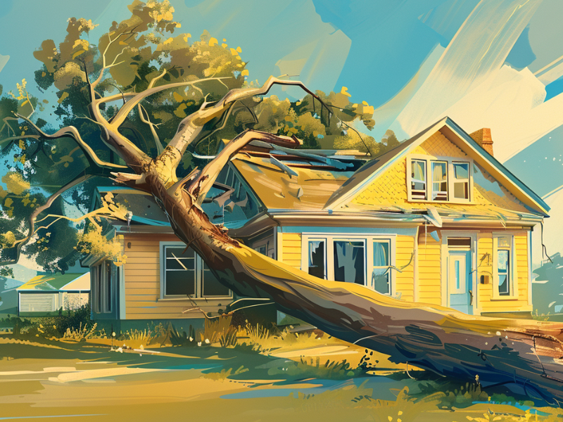 Large fallen tree crushing roof of residential home, representing property damage that may not be covered by standard homeowners insurance for Airbnb or short-term rental use
