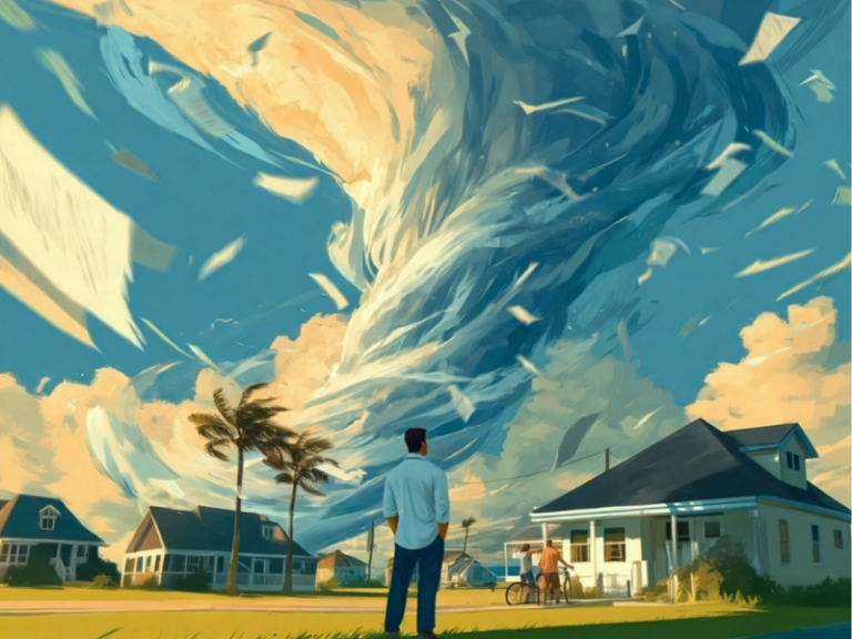 A host watches a tornado of paperwork swirl above a short-term rental neighborhood, symbolizing the risk of an incomplete insurance stack.