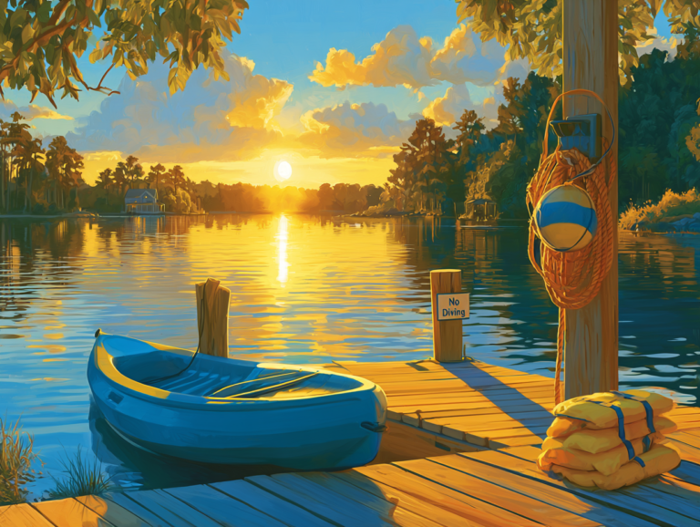 Wooden lake dock with a kayak, rescue rope and buoy, and life jackets illustrating short-term rental amenity liability coverage