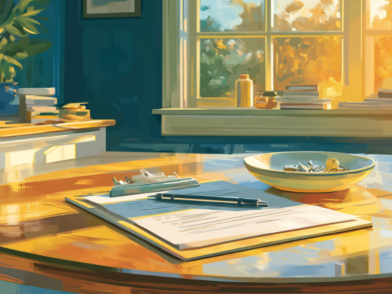 Close-up of a clipboard with a rental agreement and pen on a wooden desk in a sunlit entryway, with house keys in a ceramic bowl beside it, illustrating short-term rental liability waivers.
