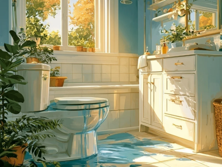 Illustrated Airbnb bathroom with an overflowing toilet, representing a sewer back-up water damage claim at a short-term rental