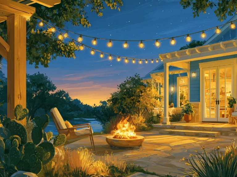 Texas Hill Country short-term rental with a fire pit and string lights at dusk
